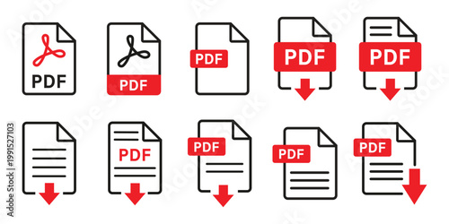 PDF file format icons set. PDF file download symbols. Format for texts, images, vector images, videos, interactive forms - stock vector.