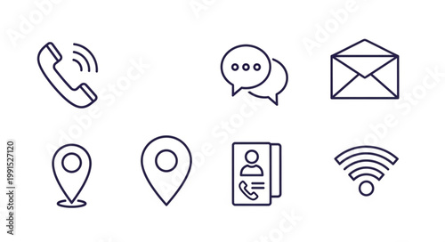 Collection of communication and contact icons in outline style.