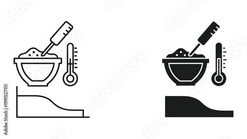 Black and white line icons of a bowl with a thermometer and spoon