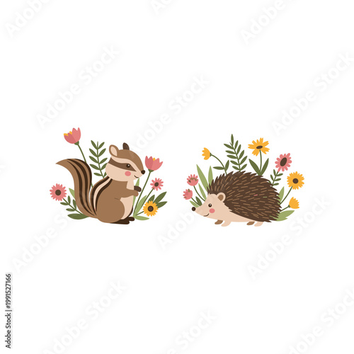A hedgehog and squirrel resting among flowers and autumn leaves in a charming, stylized illustration.