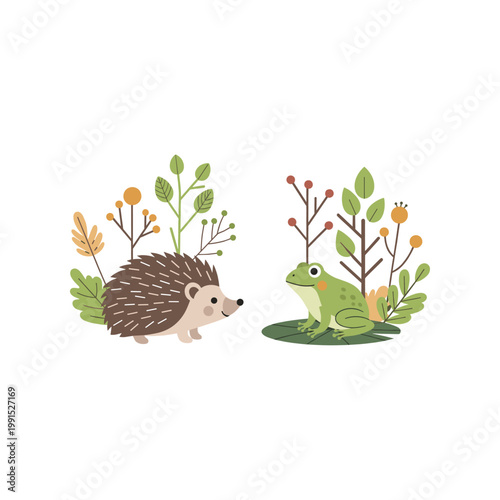 A hedgehog and frog sitting among green plants and flowers in a playful, hand-drawn illustration.