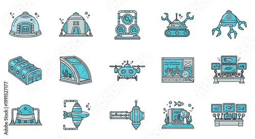 Robot, futuristic, technology icons, 15 blue and grey vector graphics, robotic symbols, sci-fi illustrations