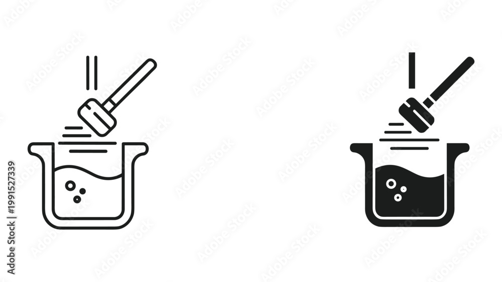 Fototapeta premium Black and white line icons of hammer hitting pot with liquid