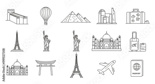 Collection of famous world landmarks and travel icons.