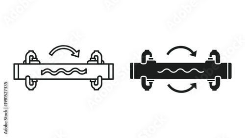 Black and white icons of pipe fittings with arrows on a white background