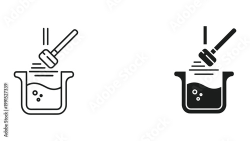 Black and white line icons of hammer hitting pot with liquid