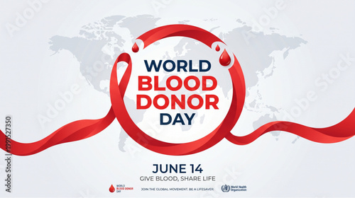 World blood donor awareness design with red ribbon circle and flowing liquid concept on global background for healthcare campaign support and life saving donation promotion