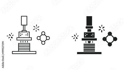 Black and white illustration of microscope and molecular structure icons