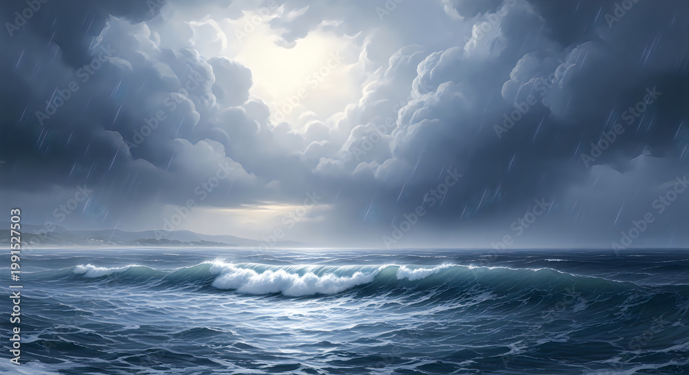 Fototapeta premium Dramatic ocean waves under stormy clouds with sunbreak light