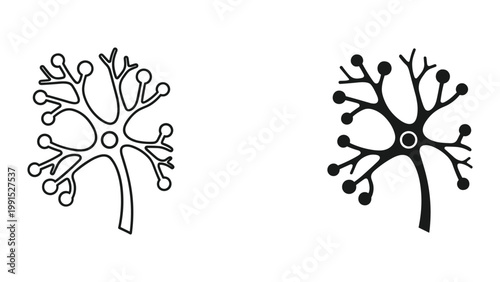 Neuron cell icons in black and white line art style for biology or neuroscience concepts