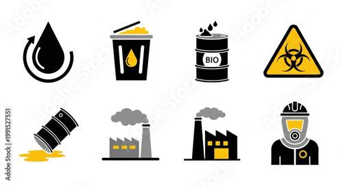 Industrial pollution and hazard icons set.