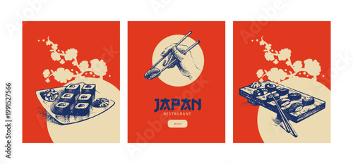 Japanese hand drawn banner set. Tradicional asian cuisine collage for menu, poster, branding. Vintage sketch sushi vector illustration.