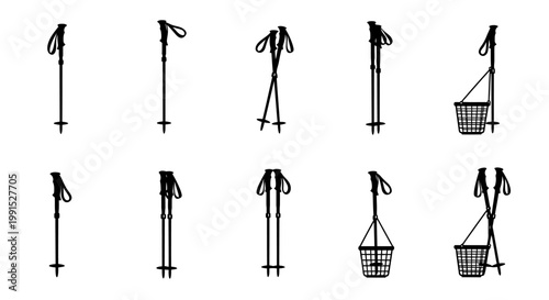 Collection of ski poles in various poses and styles.