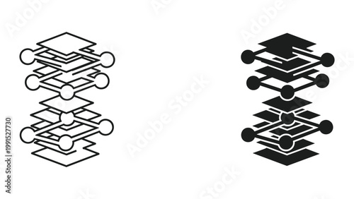 Black and white molecular structure icons with connected spheres and polygons