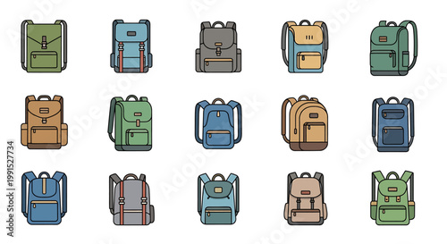 Collection of various backpacks and bags.