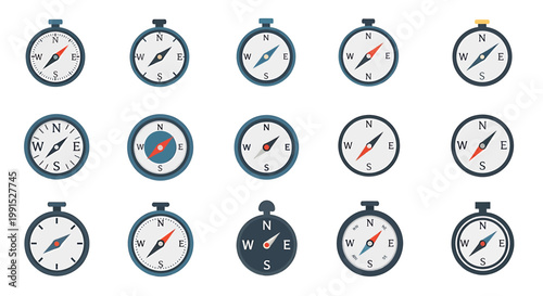 Collection of various compasses on display.