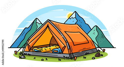 Colorful Camping Tent with Sleeping Bag.