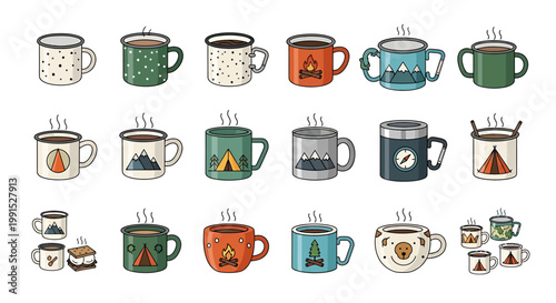 Colorful camping mugs with designs.
