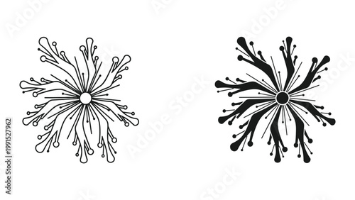 Black and white abstract flower designs with splatter elements on white background