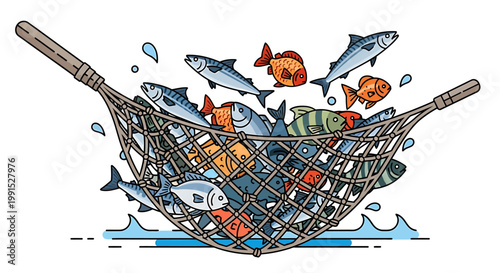 Colorful fish in a fishing net.