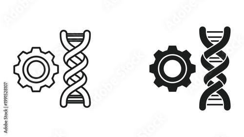 Black and white icons of dna and gear on white background