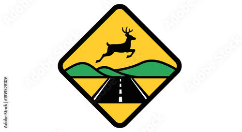 Deer Crossing Road Warning Sign Symbol Illustration.