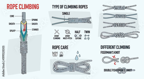 Detailed Illustration of Climbing Ropes and Various Knots for Safety.