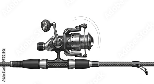 Detailed Fishing Rod and Reel with Spinning Mechanism Illustration.