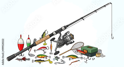 Detailed Illustration of Fishing Gear and Tackle on White Background.