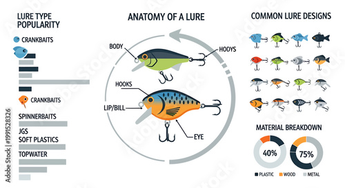 Detailed illustration of fishing lure anatomy and design variations.