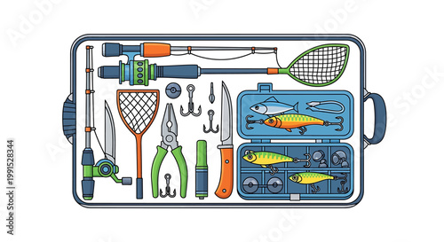 Detailed Illustration of Fishing Gear and Tackle Box.