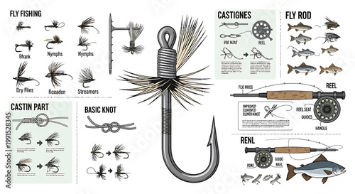 Detailed Illustration of Fishing Hook with Fly Fishing Elements.