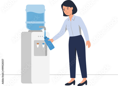 Woman filling blue bottle at office water cooler machine