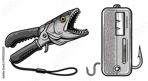 Detailed Illustration of Fishing Pliers and Scale with Hooks.