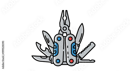Detailed Illustration of a Multi-Tool with Various Integrated Tools.