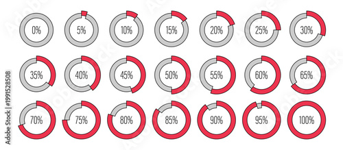 Set of circle percentage progress bar diagrams meters from 0 to 100 ready-to-use for web design, user interface UI or infographic - indicator with red