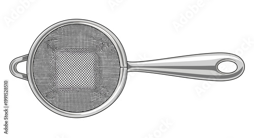 Detailed illustration of a stainless steel kitchen strainer, isolated.