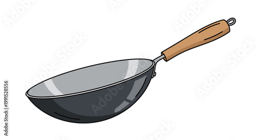 Detailed Illustration of a Traditional Wok Pan with Wooden Handle.