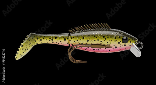 Detailed view of artificial fishing lure.