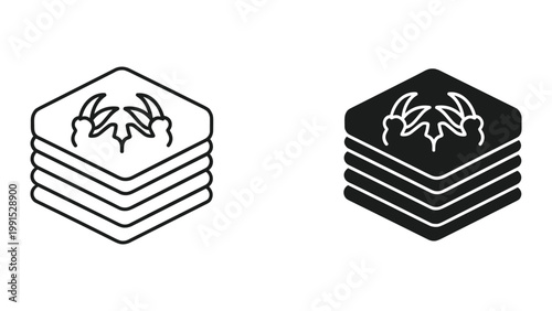 Black and white icons of stack of square plates with leaf design on top