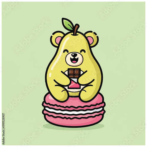 Cartoon bear eating chocolate macaron dessert.