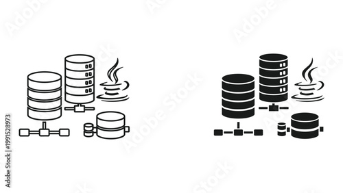 Black and white line icons of database servers with steam rising