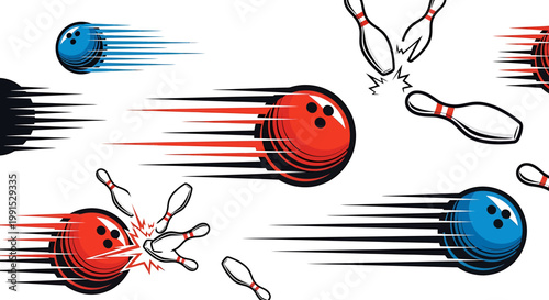 Dynamic Bowling Balls in Motion with Striking Pins Illustration.