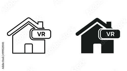 Black and white line icons of houses with virtual reality headsets on white background
