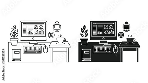 Black and white illustration of two office desks with computers and accessories in line art style on white background