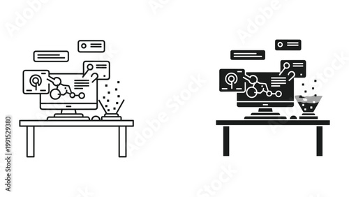 Black and white illustration of computer monitors on desks with graphs and data