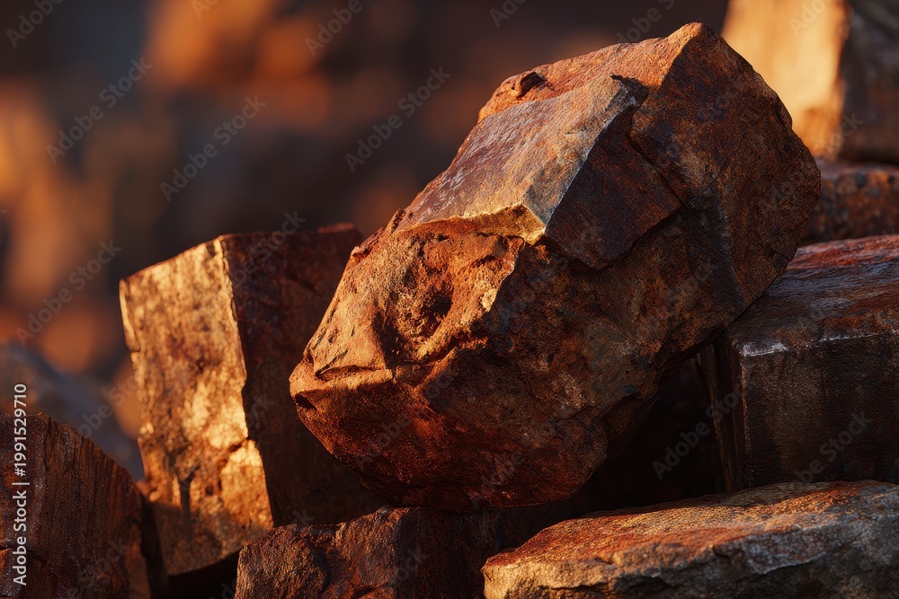 Fototapeta premium Rusty iron ore rocks piled under golden sunset light