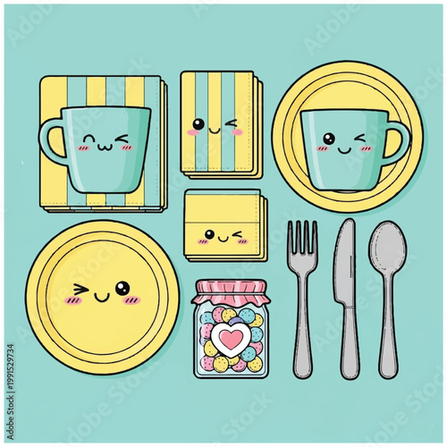 Cartoon smiling dishware and utensils.