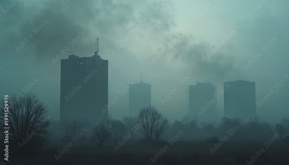Naklejka premium Cityscape veiled in thick fog obscuring skyscrapers. Bare trees stand in silhouette against hazy, dark sky. Atmosphere feels dense, mysterious, and potentially polluted, creating moody urban scene.