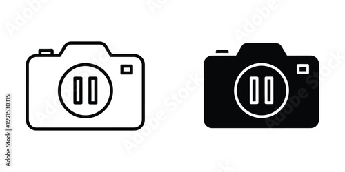 Contrasting camera icons in black and white line art styles with film roll symbols